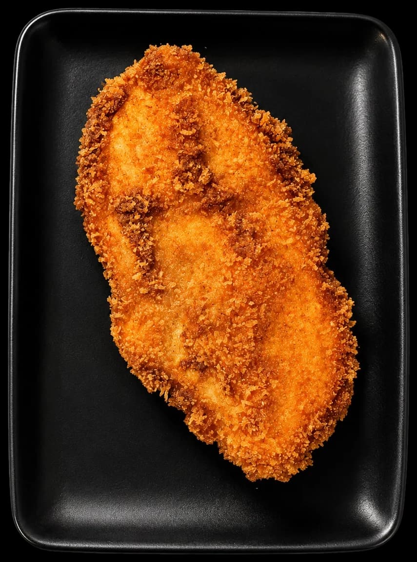 Knusprig paniertes Hähnchen auf schwarzem Teller